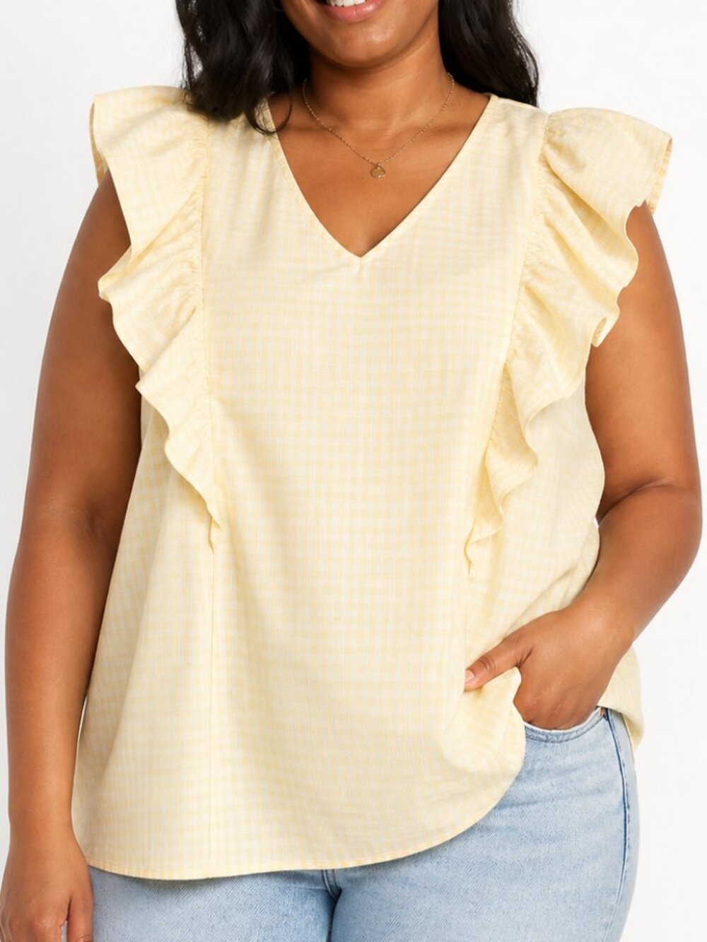Plus Size XXL yellow top. Casual Gingham Plaid Sleeveless Lightweight shirt